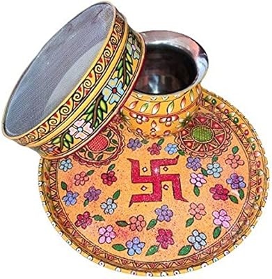 Ensemble karva chauth pooja thali, ensemble 3 pièces en acier inoxydable et laiton