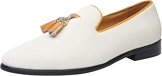 Mocassins de luxe à enfiler pour hommes avec pompon bonnets, velours blanc-or, 48,5