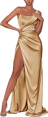 Robe longue moulante en satin à une épaule pour femme, cuisse haute, fente