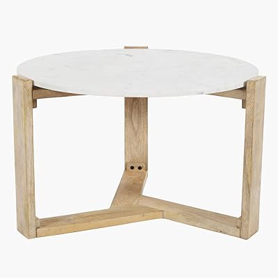 Table basse home box mesa en bois massif avec plateau rond en marbre