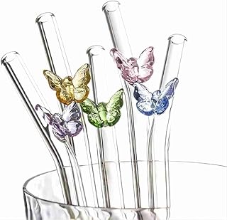 5 pailles en verre papillon réutilisables avec pailles 3d sur pailles transparentes