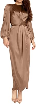 Robe longue ceinturée en satin de soie à manches longues pour femmes, printemps