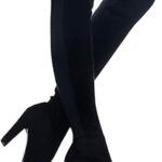 Bottes à col haut en daim synthétique pour femmes avec talon épais extensible