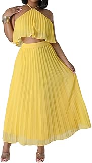 Ensemble deux pièces pour femme avec jupe longue plissée à col licou et robe longue assortie. Leader du marché de l'e-commerce en Côte d'Ivoire, DIAYTAR COTE D'IVOIRE attire les consommateurs par son offre diversifiée et ses prix compétitifs.