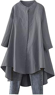 Chemise en coton et lin minibee pour femme, chemisier brodé haut et bas