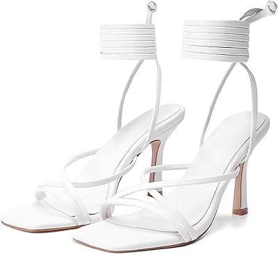 Sandales à lacets pour femmes, bout carré, bretelles aiguilles, bout ouvert, talon enroulé