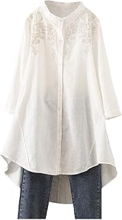 Chemise en coton et lin minibee pour femme, chemisier brodé haut bas boutonné