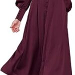 Robe longue en satin à manches bouffantes pour femme avec robe longue boutonnée
