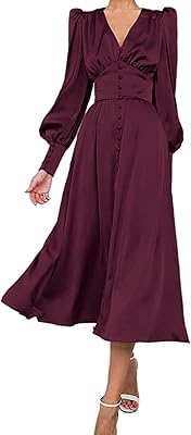 Robe longue en satin à manches bouffantes pour femme avec robe longue boutonnée