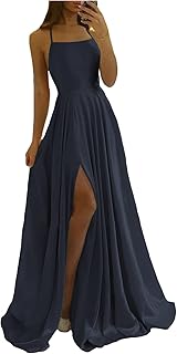 Robes de soirée longues en satin avec bretelles spaghetti, fente latérale et fente
