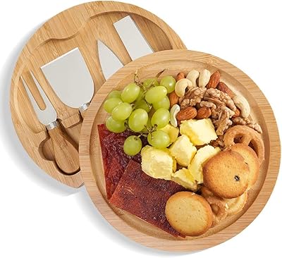 Ensemble planche à fromage et couteaux, planche à charcuterie ronde avec 4 couteaux