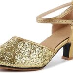 Chaussures de danse latine en cuir à paillettes pour femmes, bout pointu, talon