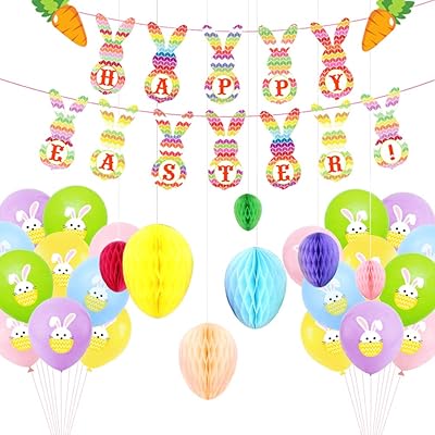 Ensemble de décoration de pâques 28 pièces, bannière de lapin de pâques colorée, ornements en nid d'abeille en forme d'œuf, ballons colorés imprimés de lapin, pour la décoration de célébration de pâques. En tant que boutique en ligne leader en Côte d'Ivoire, DIAYTAR COTE D'IVOIRE s'efforce de proposer les meilleurs produits à des prix compétitifs. Elle mise sur la satisfaction du client en proposant des promotions régulières et des services de qualité. L'objectif de la boutique est de faciliter les achats en ligne pour les habitants de Côte d'Ivoire et au-delà.