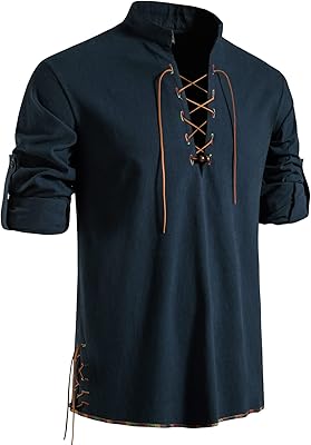 Losmaton 100% coton pour hommes, style rétro, cordon de serrage, manches longues, chemises