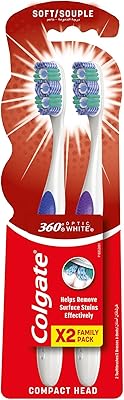 Brosse à dents blanchissante douce colgate 360 ​​​​optic white, pack économique de 2