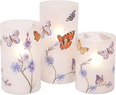 Bougies piliers en verre led sans flamme, papillons et fleurs sauvages, lot