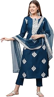 Kurta brodé coupe droite en coton mélangé pour femme avec pantalon et dupatta