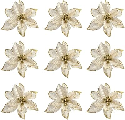 Fleurs de noël scintillantes 10 pièces, fleurs de poinsettia artistiques pour décoration d'arbre