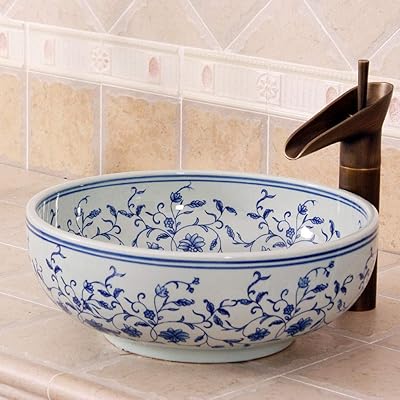 Lavabo en porcelaine bleue et blanche, lavabo en céramique d'art au-dessus du comptoir