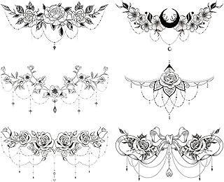Autocollants de tatouage temporaire 6 feuilles noir sous bob pour femme, motif fleur