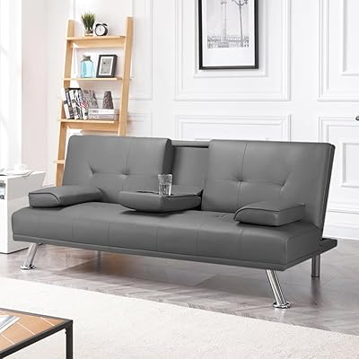 Canapé-lit futon à manivelle canapé inclinable en simili cuir pour salon