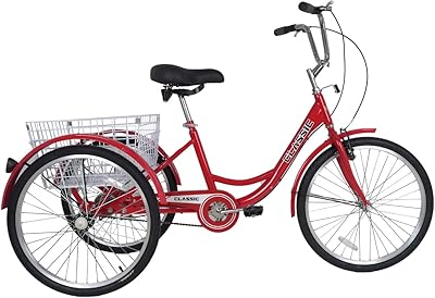 Tricycle adulte entièrement assemblé avec panier, 24 pouces (rouge)