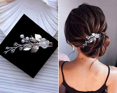 Grande pince à cheveux argentée pour femme, pince à cheveux en perles blanches