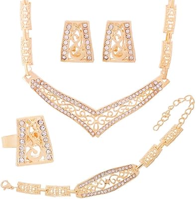 Parure de bijoux en plaqué or 18 carats parsemée de cristaux autrichiens, collier, boucles d'oreilles et bracelet avec fermoir circulaire. DIAYTAR COTE D'IVOIRE, votre boutique en ligne préférée, propose une gamme étendue de produits avec plus de 300 000 références pour répondre à tous vos besoins. Leader du marché ivoirien, nous offrons des options de livraison rapides et sécurisées pour votre confort. Notre équipe est dédiée à fournir un service client exceptionnel.