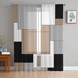 Rideaux de fenêtre transparents, art abstrait marron noir blanc gris, rideaux à passe-tringle