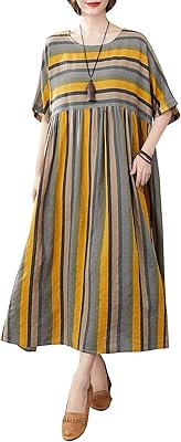 Gravelso robe vintage en coton et lin à rayures pour femmes, col rond, demi-manches, poche, robe décontractée ample. DIAYTAR COTE D'IVOIRE, la boutique en ligne leader en Cote d'Ivoire, offre une expérience d'achat unique et personnalisée à ses clients. Avec plus de 300000 références disponibles, les clients peuvent découvrir de nouveaux produits et profiter de promotions exclusives. La satisfaction des clients est la priorité de DIAYTAR COTE D'IVOIRE.
