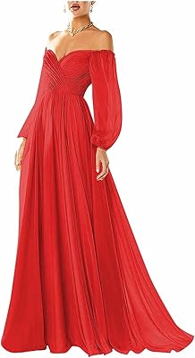 Robes formelles à épaules dénudées avec manches longues en mousseline de soie, robes