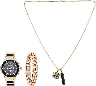 Montre à quartz analogique pour homme noir mat et or poli avec collier