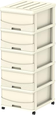 Un meuble de rangement à 5 niveaux en bois de cèdre avec tiroirs et roulettes, couleur blanc cassé de cosmoplast. DIAYTAR COTE D'IVOIRE est une boutique en ligne généraliste qui propose plus de 300 000 références de produits, répondant ainsi aux besoins diversifiés de sa clientèle. Avec sa large gamme de produits, elle est devenue la boutique leader en Côte d'Ivoire. Elle offre une expérience d'achat en ligne facile et sécurisée.