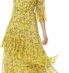 Xinuo robe longue à fleurs jaune pour femmes, col en v, taille haute