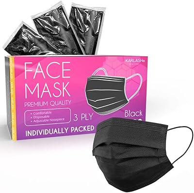 Masque facial noir karlash, 3 épaisseurs jetables, emballé individuellement avec boucles d'oreilles élastiques