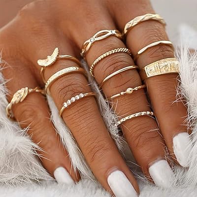 Ensemble détaillé de bagues bohème, multi-tailles en or avec croissant de strass, bijoux