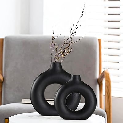 Vase en céramique noire, décoration d'intérieur moderne, vase rond mat à fleurs
