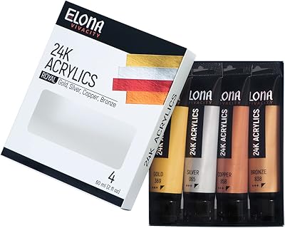 Ensemble de peinture acrylique ilona vivacity royal 24k, 4 couleurs métalliques (or, argent, cuivre, bronze) x tubes de 60 ml (2 fl oz), grande qualité artistique sur toile, papier, bois et pierre. DIAYTAR COTE D'IVOIRE est une plateforme de commerce en ligne qui propose une grande variété de produits à des prix compétitifs. La boutique est équipée d'un système de paiement sécurisé et d'un service client réactif, ce qui permet aux clients de faire leurs achats en toute confiance. Avec sa large gamme de produits, DIAYTAR COTE D'IVOIRE est la boutique en ligne idéale pour les habitants de Cote d'Ivoire.