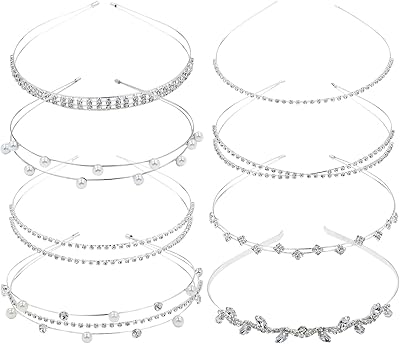 Lot de 8 bandeaux à perles en strass métallisé argenté brillant, attaches à