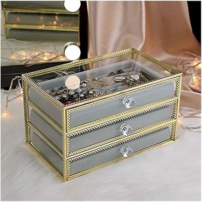 Boîte à bijoux en verre pour femmes, boîte à bijoux avec 3 tiroirs