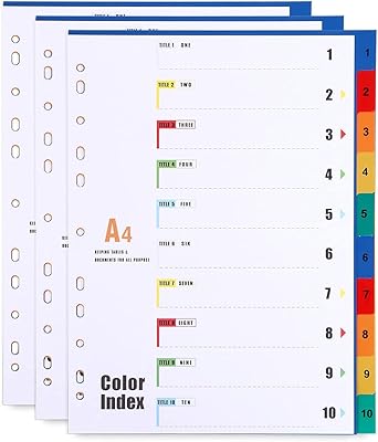 Intercalaires de fichiers a4 en plastique, 10 pièces (paquet de 3), index multicolores n° 1 à 10 onglets intercalaires de sujet a4 pour fichiers a4, 11 emplacements renforcés, s'adaptent à la plupart des anneaux 2/3/4. DIAYTAR COTE D'IVOIRE est la boutique en ligne idéale pour ceux qui cherchent une expérience d'achat pratique et sécurisée. Avec plus de 300 000 références, vous pouvez trouver facilement les produits dont vous avez besoin, et les options de paiement et de livraison variées rendent l'achat encore plus pratique. DIAYTAR COTE D'IVOIRE est la destination parfaite pour les acheteurs ivoiriens.