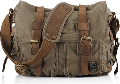 Sac messager en cuir et tissu avec motif militaire antique pour ordinateur portable