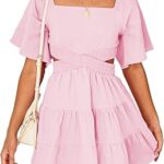 Robe d'été en velours timide pour femmes, col carré, manches courtes, taille croisée