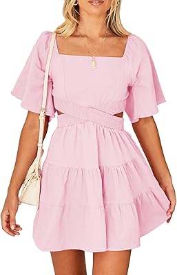 Robe d'été en velours timide pour femmes, col carré, manches courtes, taille croisée