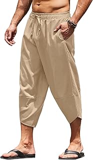 Pantalon capri sarouel en lin pour hommes, léger, ample, short 3/4, taille élastique