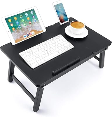 Table d'ordinateur portable pliable en bambou n newvent avec fentes de tiroir