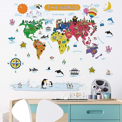 Stickers muraux de carte du monde pour enfants décalcomanies de monuments d'animaux à