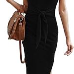 Robe mi-longue femme à manches courtes, encolure carrée, lien à la taille