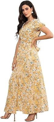 Robes longues élégantes avec col en v et manches bouffantes ornées de fleurs