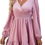 Mini robe portefeuille à manches longues et col en v à volants